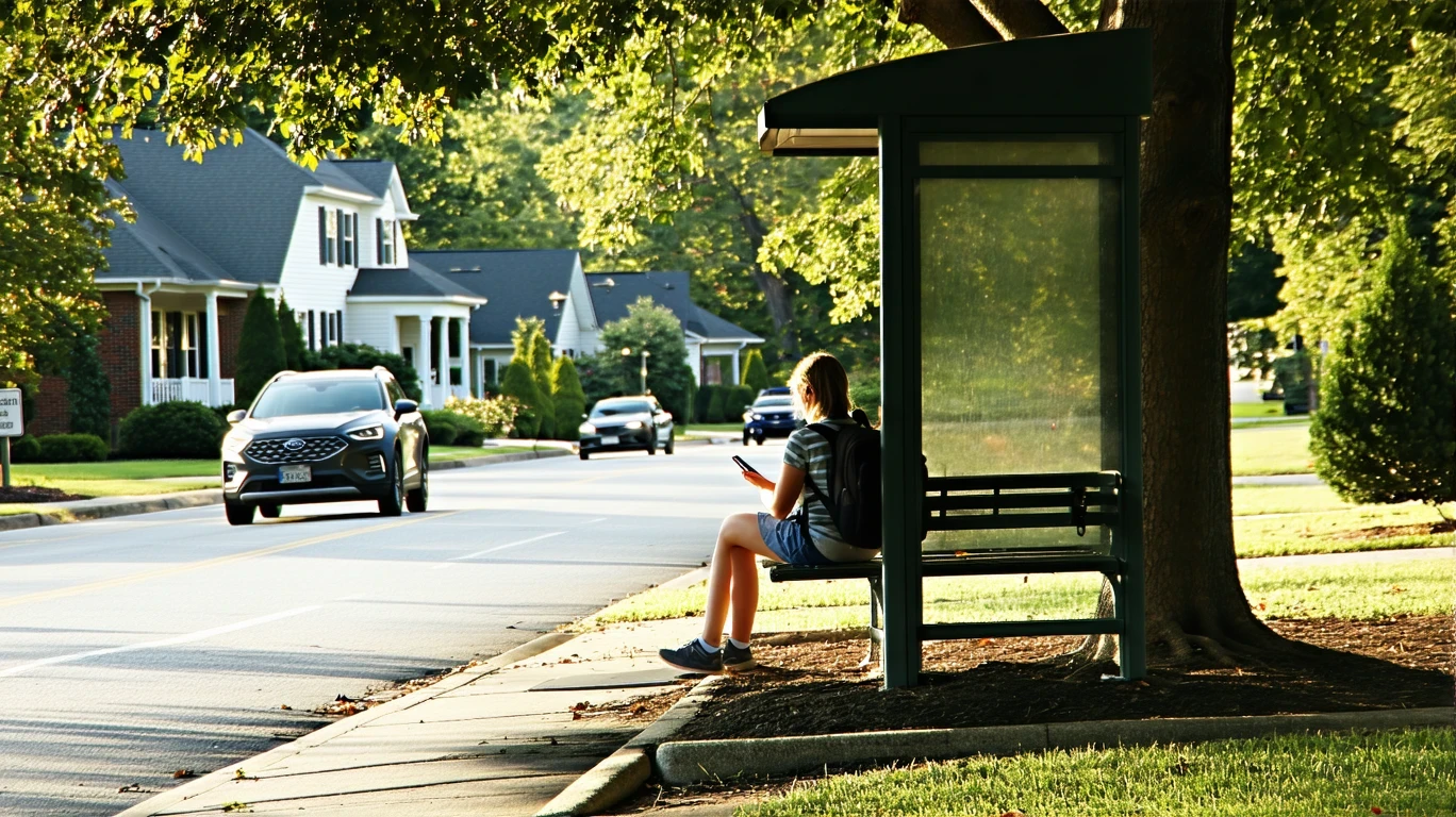 A woman waits at a shaded bus stop bench on a quiet residential street in Cornelius, North Carolina.