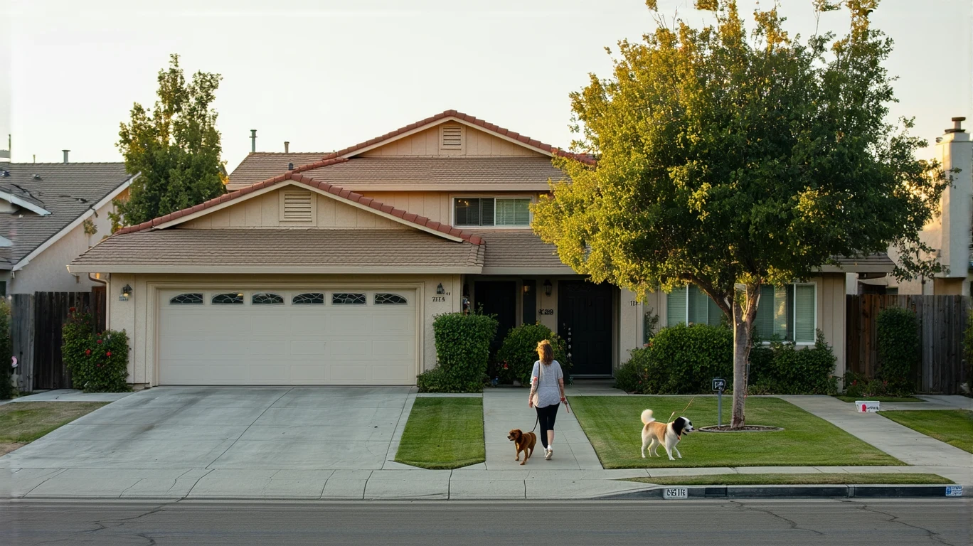 Suburban home with woman walking dog on sidewalk in front yard