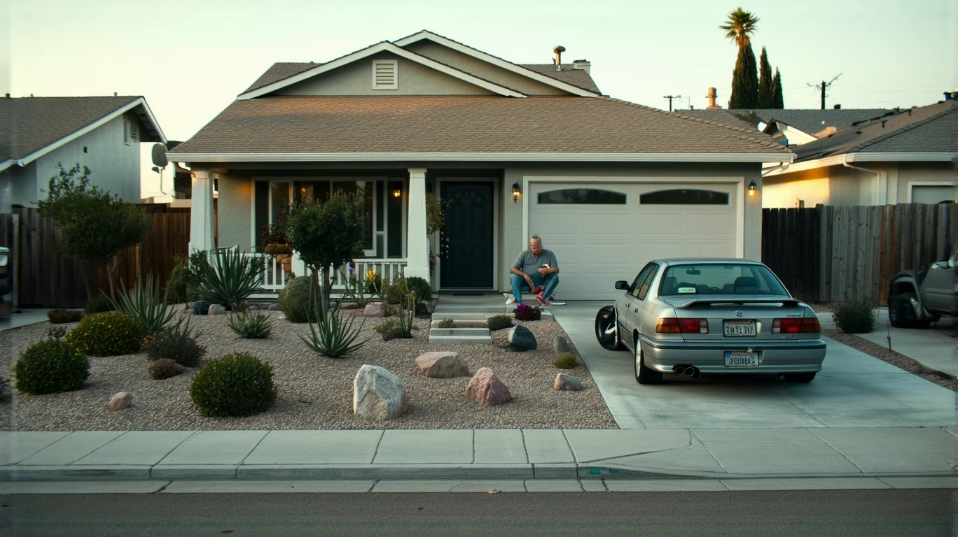 Man sitting on porch of modest home with small yard and older sedan parked in driveway.