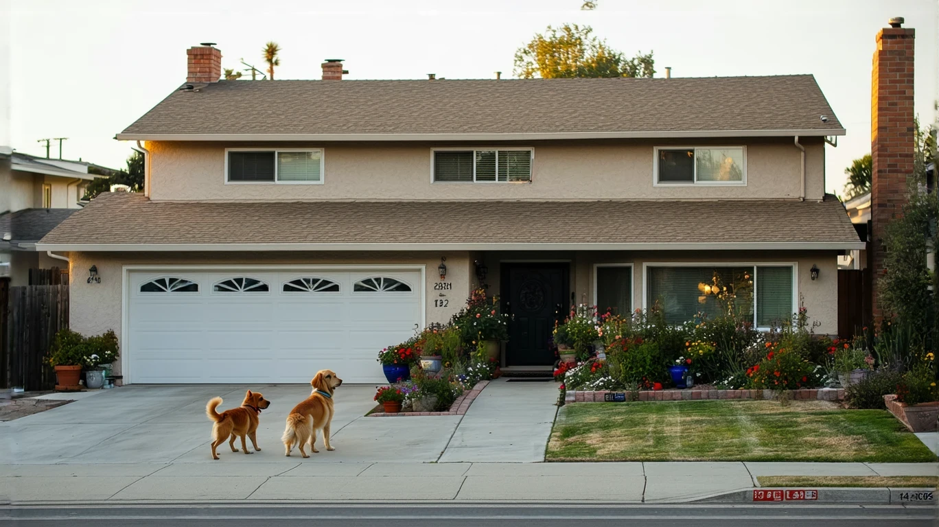 Woman walking golden retriever on sidewalk in front of suburban home with small front yard