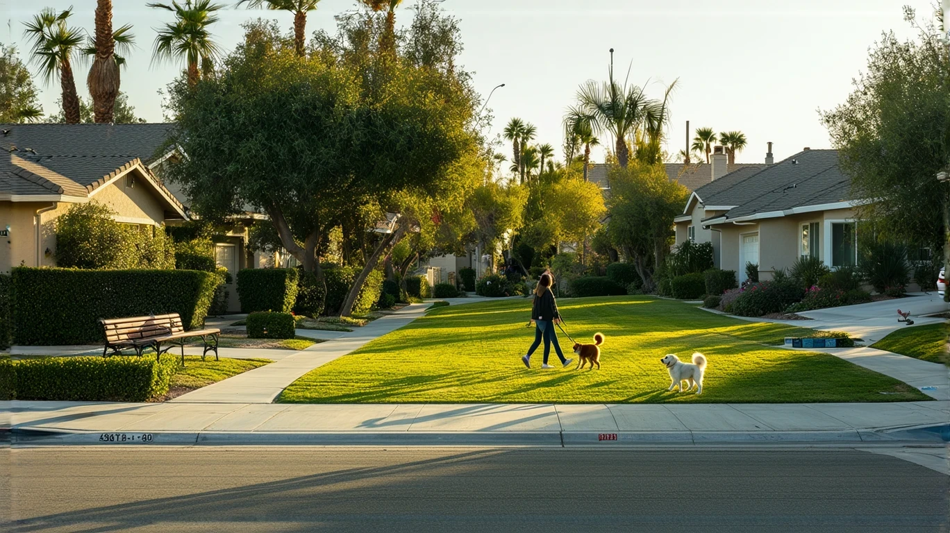 Woman walking her dog through a neighborhood park in Corona, California