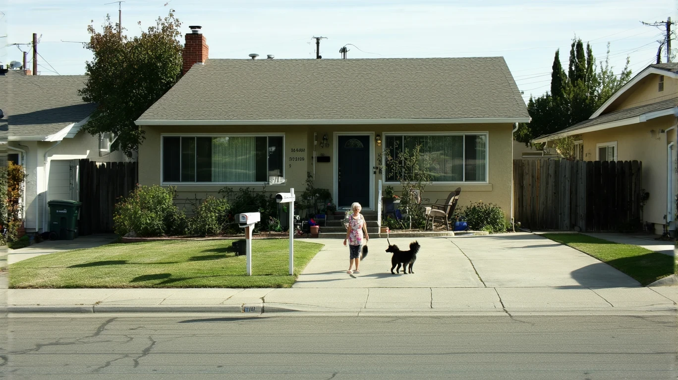 Front view of a single-story suburban home with landscaped yard, driveway, and porch, with a woman walking her dog on the sidewalk.