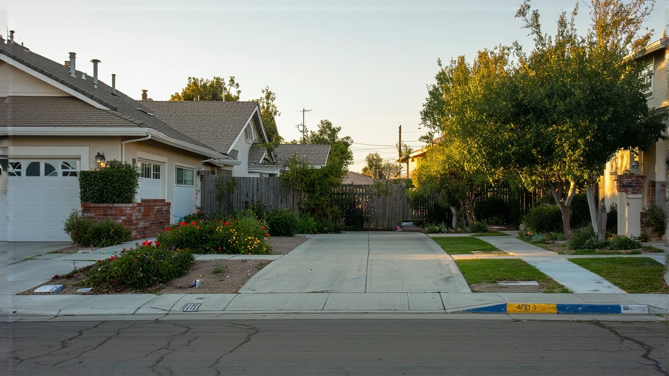 Suburban cul-de-sac with brick wall and native plants in morning light