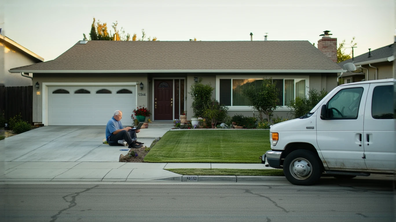 Man using laptop on porch of suburban home, with cable company van parked on street in front.