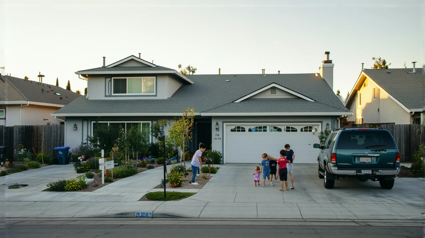 A family unloading groceries in the driveway of their suburban home in Corona, California.