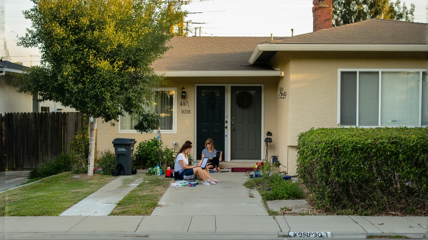 Woman sitting on porch of modest suburban house, looking at laptop