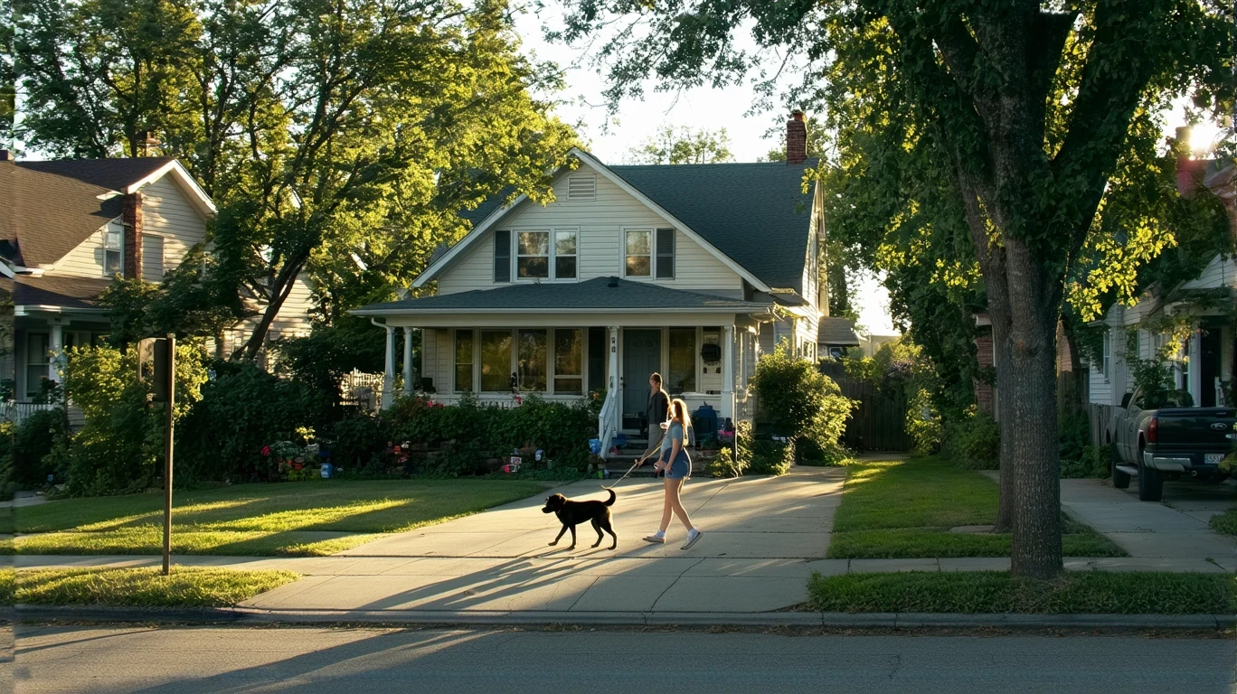 Suburban street in the late afternoon, with a woman walking her dog past a modest single-family home.