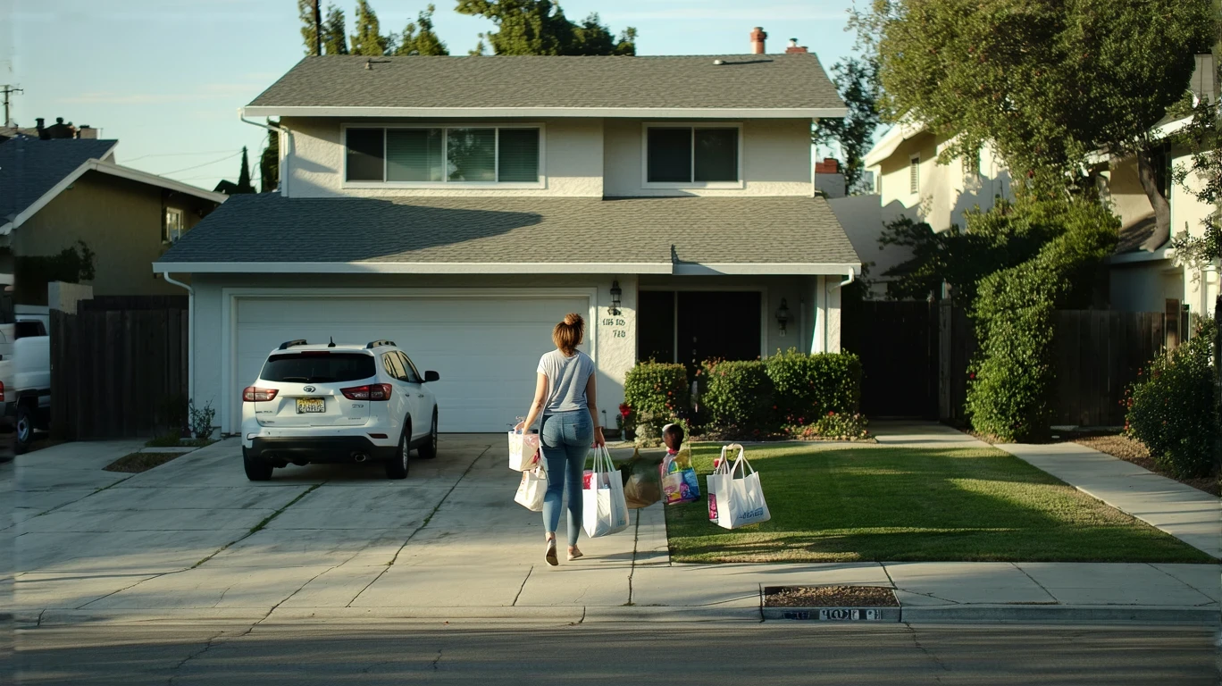 Woman carrying groceries from car to front door of suburban home in Corona, California