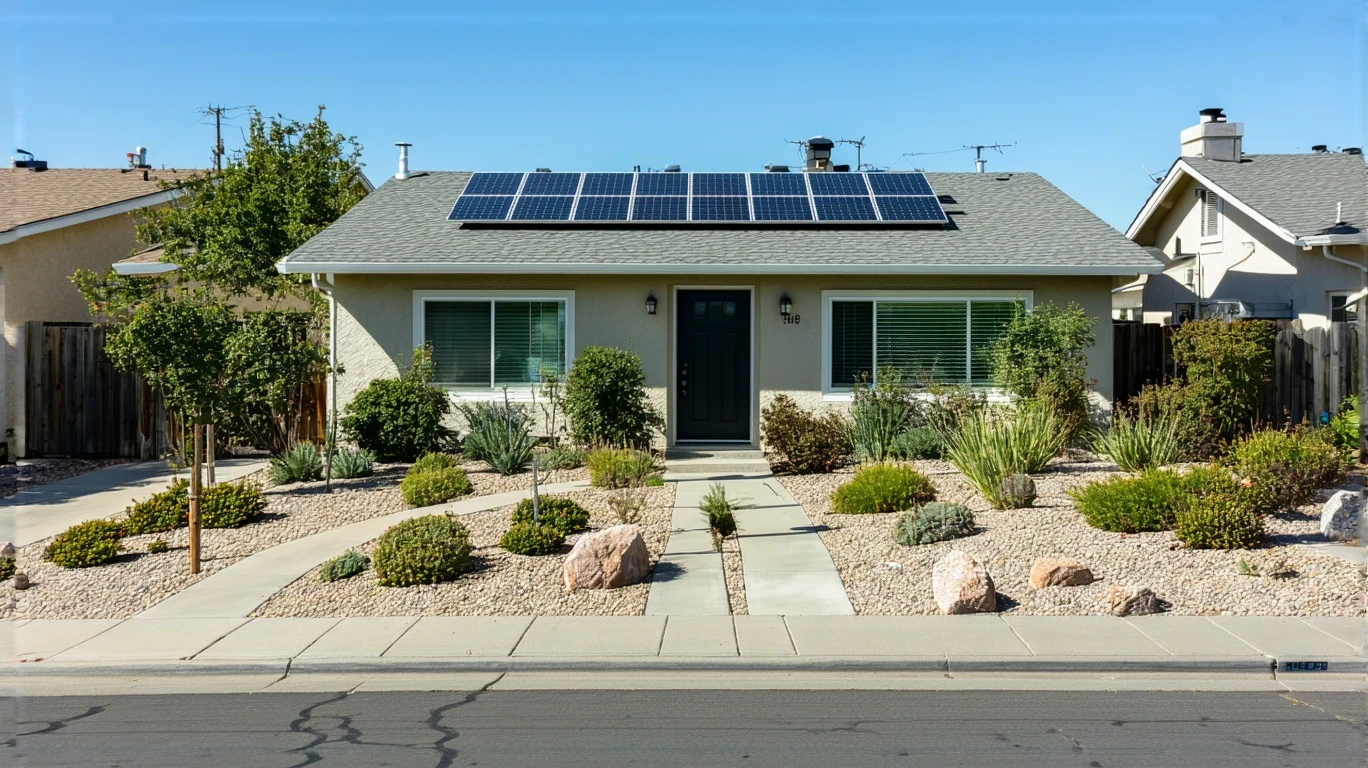 Front yard of a home in Corona, California with solar panels, drought-tolerant landscaping, and a man checking the electric meter
