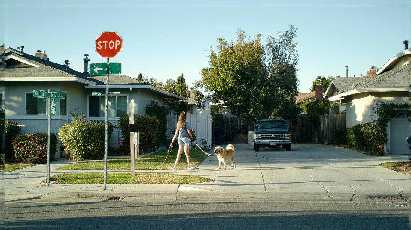 Woman walking dog approaching bus stop sign on suburban street corner in front of single-family home.