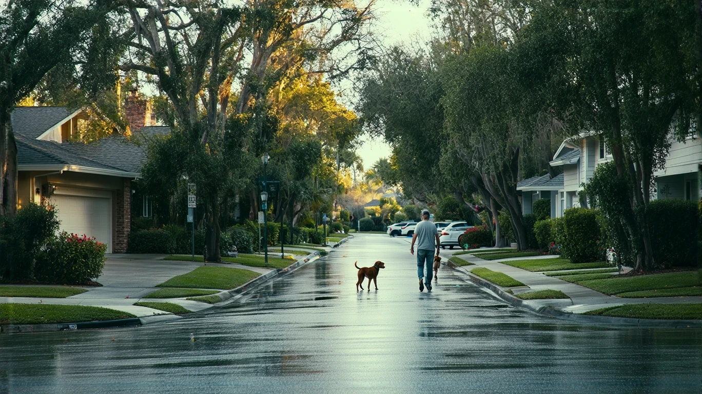 A man walking his dog on a palm tree-lined street in Corona, CA after a rain shower.