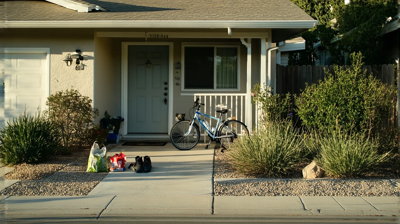 Front view of a small single-story home with xeriscape front yard, bicycle on porch