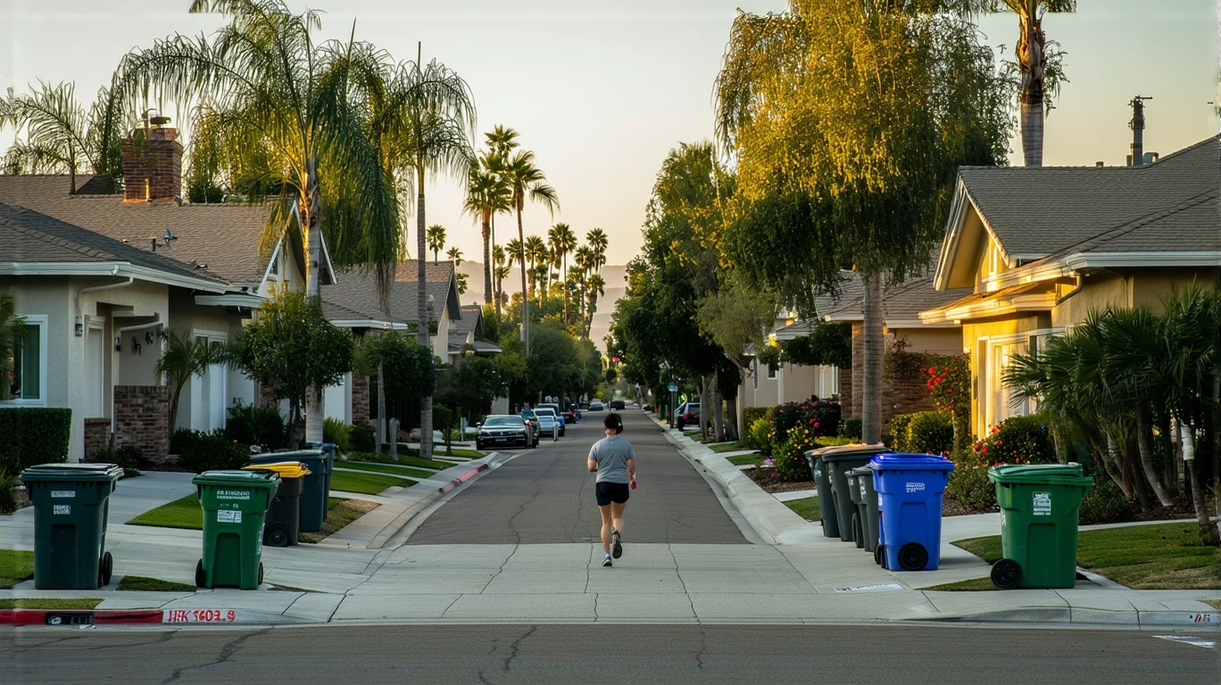 A person jogs past red-brick homes on a quiet suburban street in Corona, California