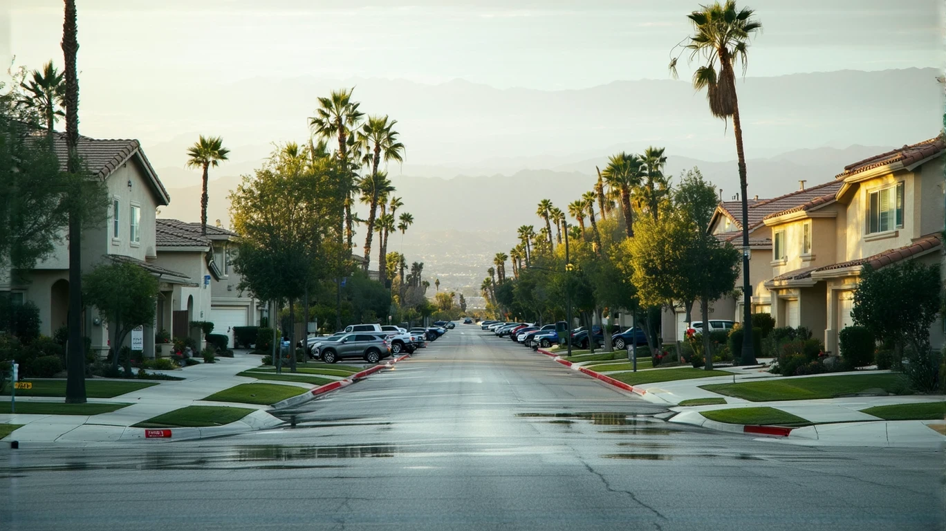 Palm trees reflect in puddles along a Riverside avenue after a passing rain shower