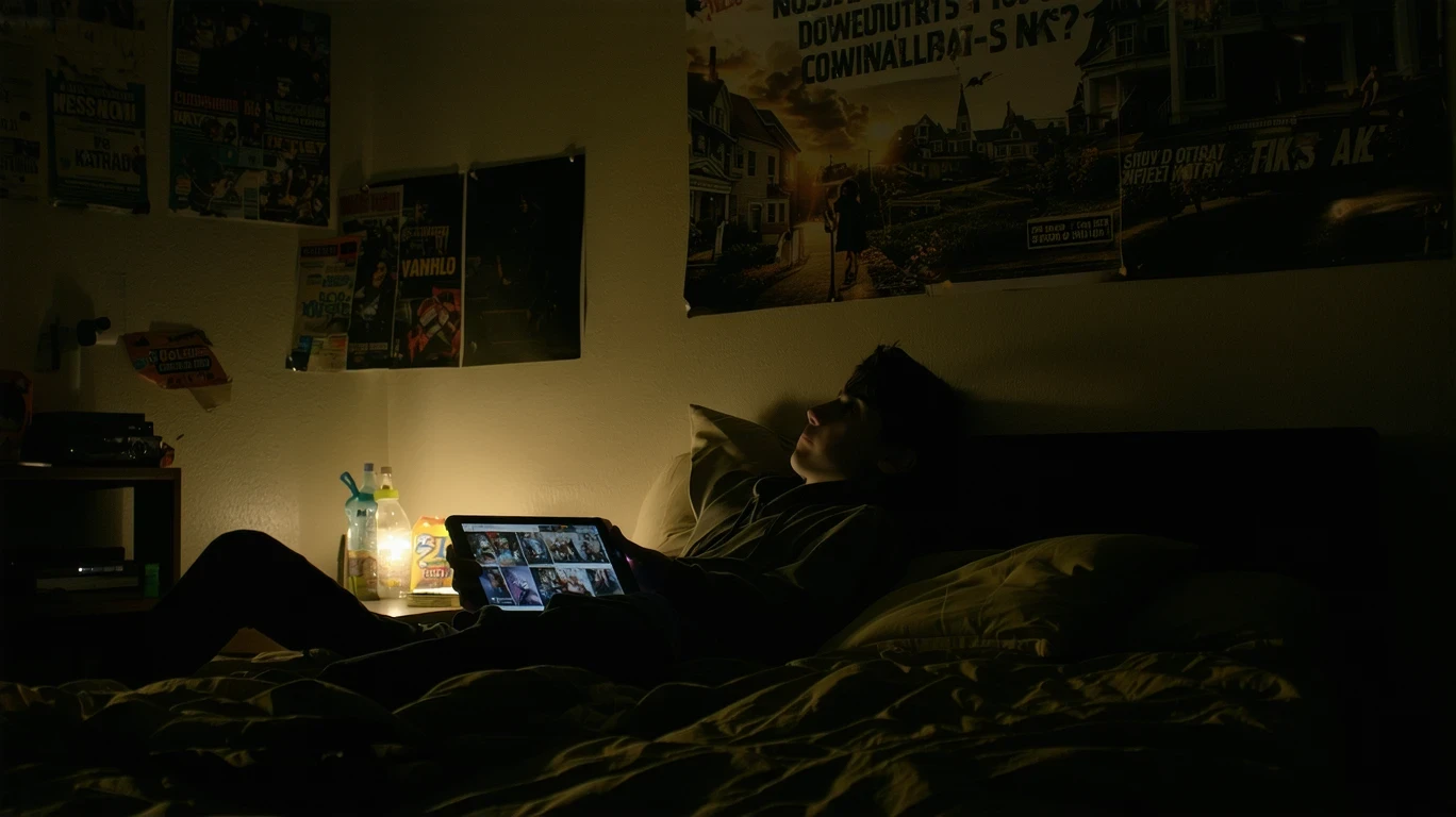 Teenager using tablet in dark bedroom with snacks and hoodie nearby