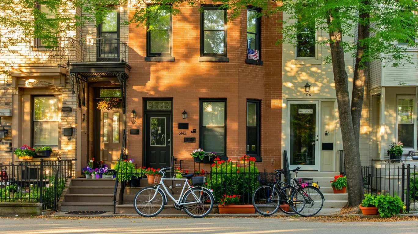 A brick apartment building with potted plants, bicycles, and trees in Covington, Kentucky.