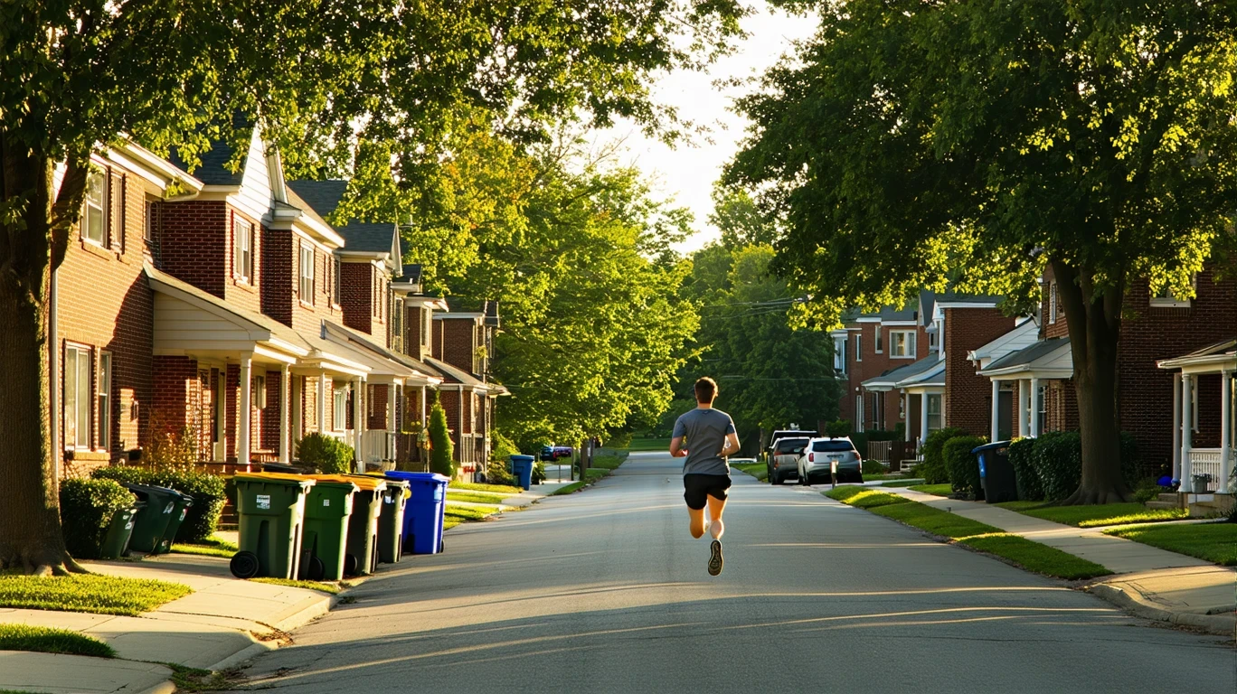 A suburban street in Covington, Kentucky lined with red-brick homes and recycling bins out for pickup. A jogger runs past.