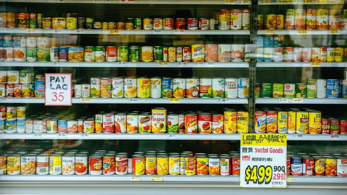 Shelf of canned goods in a small neighborhood grocery store.