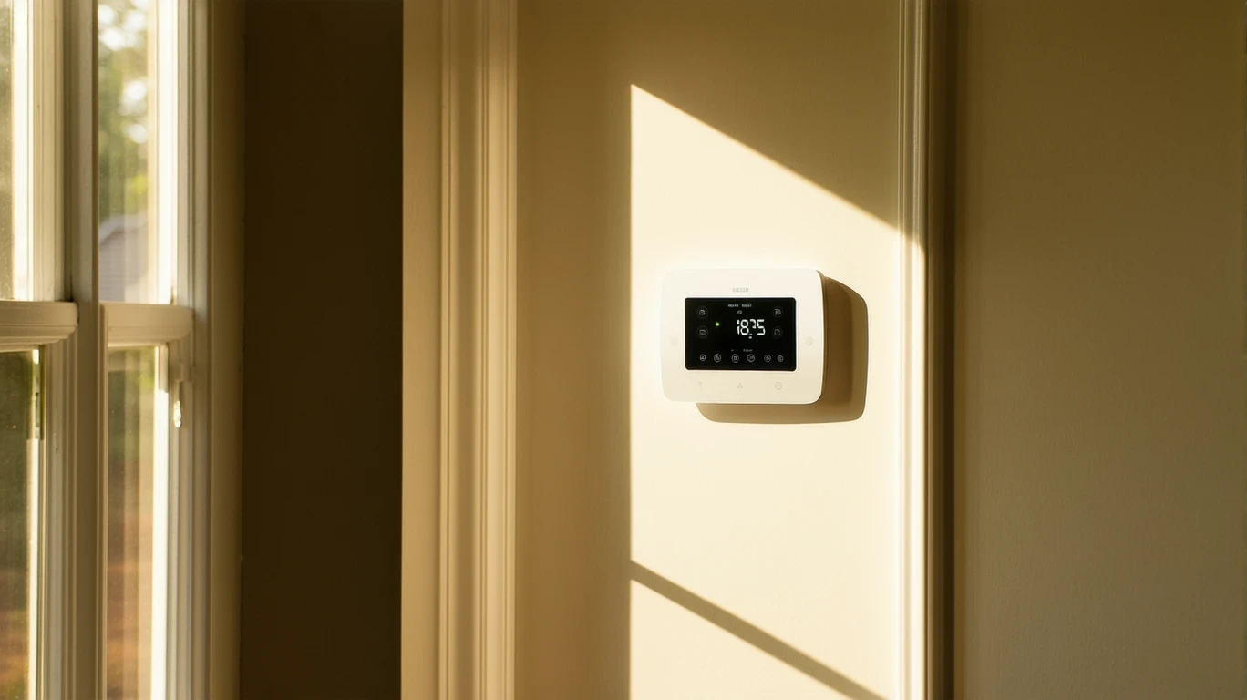 Thermostat on wall in sunlit hallway of Covington Kentucky home
