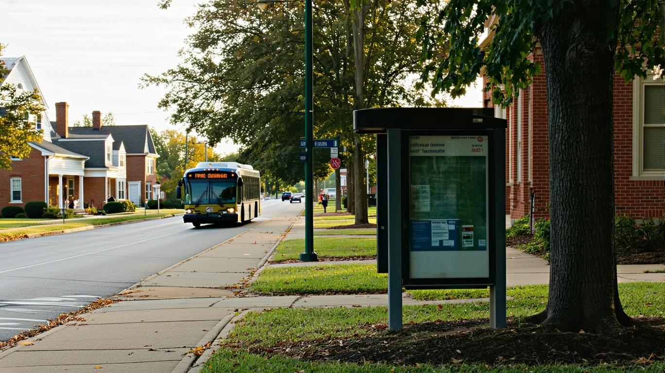 A campus shuttle stop on an overcast day in a small town, with a shuttle bus idling and a person waiting.
