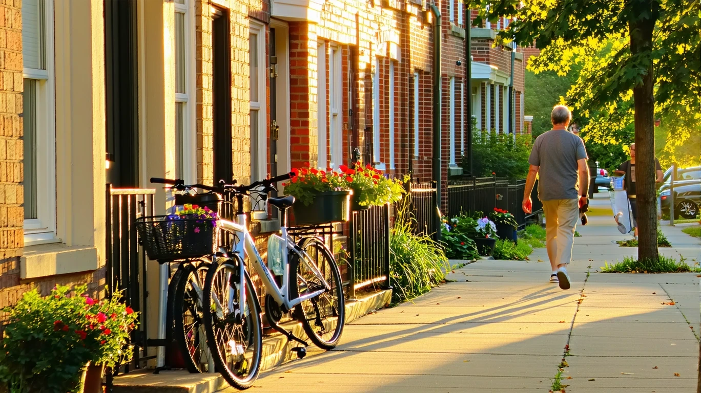 A red brick apartment building with potted plants, bicycles, and a person walking on the sidewalk.