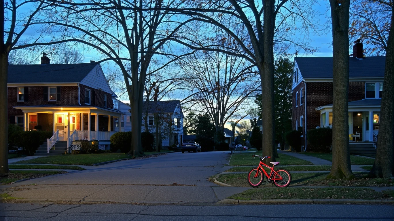 A red bicycle on a suburban cul-de-sac in Covington, Kentucky at dusk, with porch lights on.