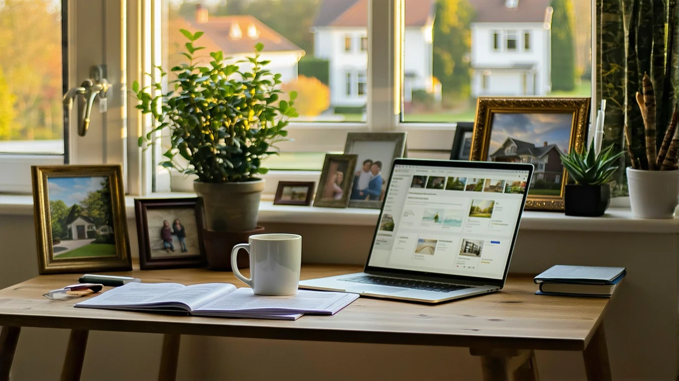 A home office workspace with a laptop showing a budget, coffee mug, plant, and view of a suburban neighborhood.