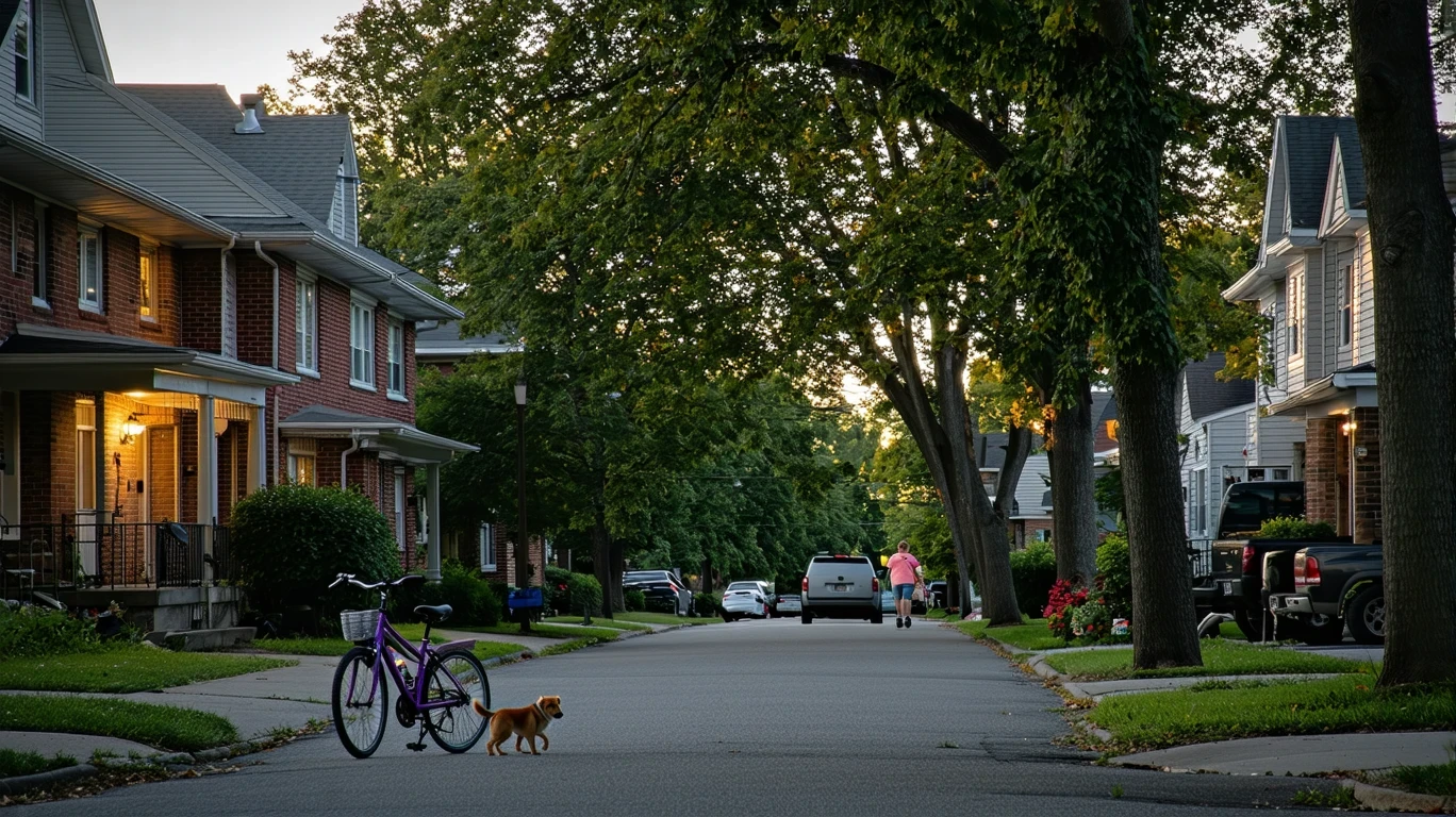 A small cul-de-sac in Covington, KY at dusk, with porch lights illuminating tidy homes and a child's bicycle near the curb.