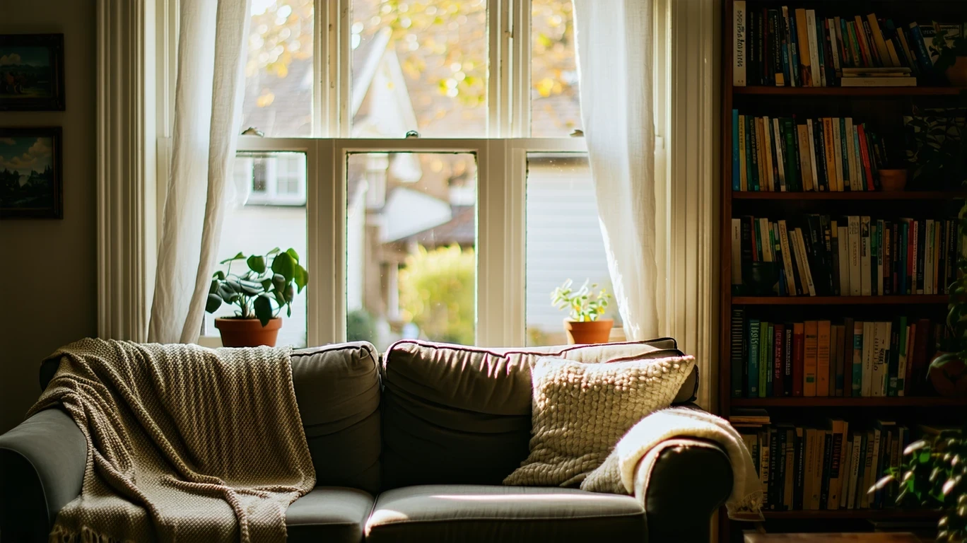 Sunlight coming through curtains into a small, cozy living room with a couch and bookshelf.