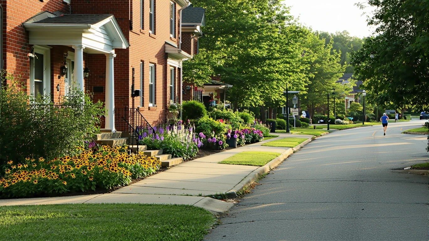 A tidy suburban cul-de-sac in Covington, Kentucky on a sunny morning, with brick homes, native landscaping, and one jogger.