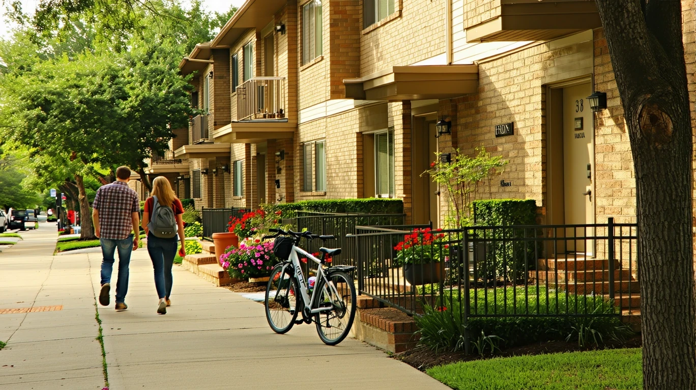 A row of small apartment buildings in Dallas with bicycles resting near shaded entryways and a couple walking on the sidewalk.