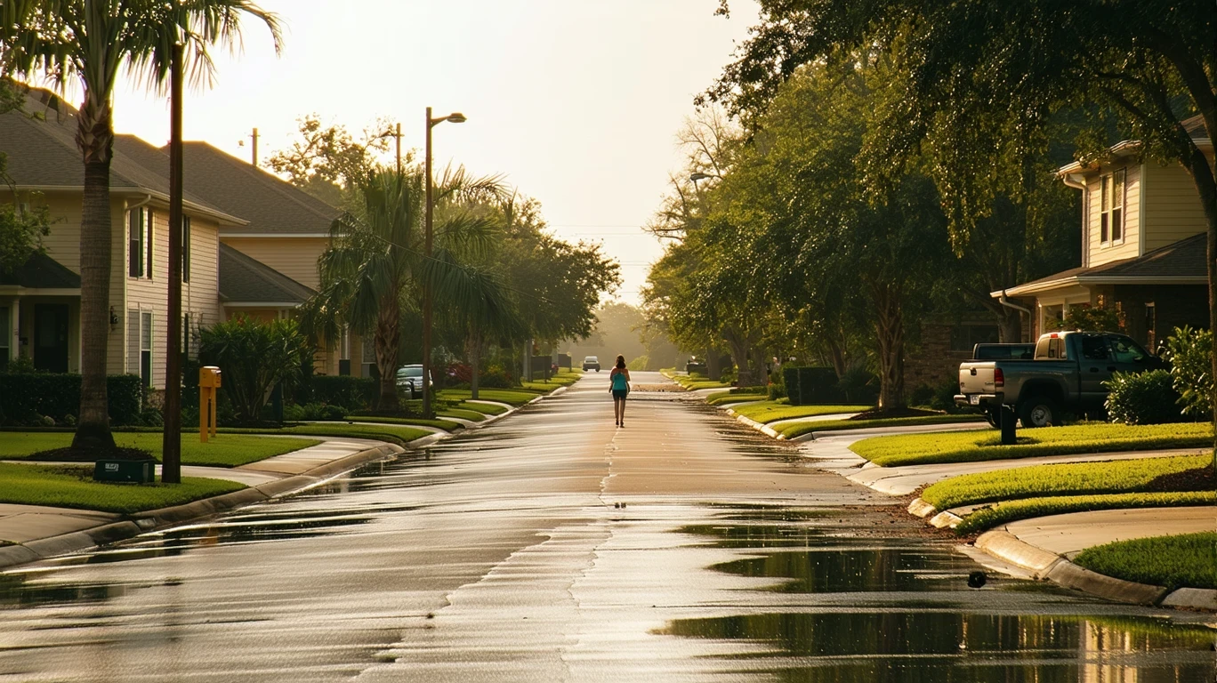 A tree-lined suburban street in Dallas after a rain shower, with puddles on the sidewalk and a person walking in the distance.