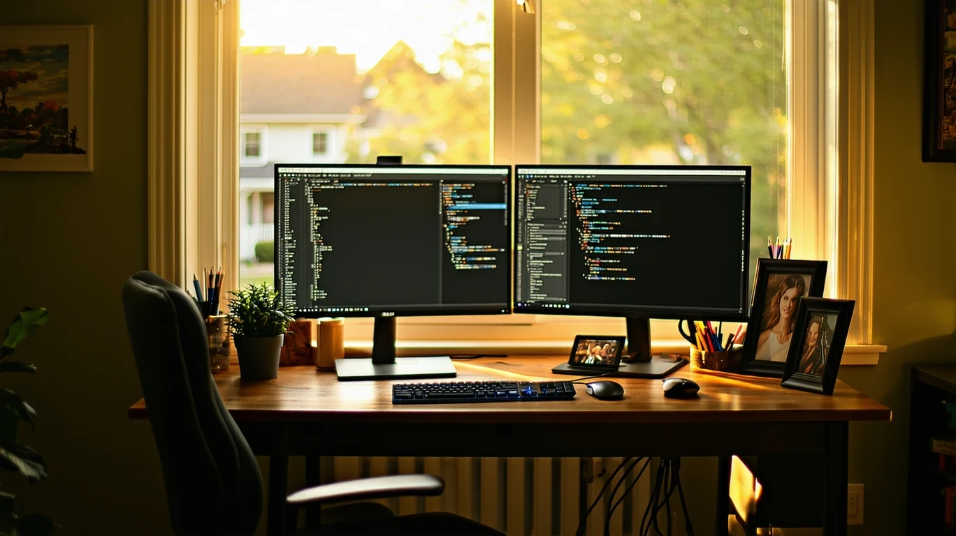 A home office desk with dual monitors and subtle cord clutter, lit by warm natural light.