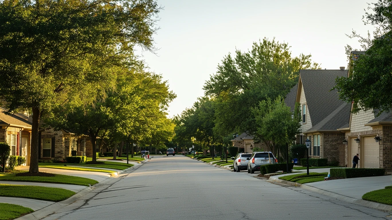 Tree-lined residential street in Dallas, Texas with houses and sidewalks on a sunny day.