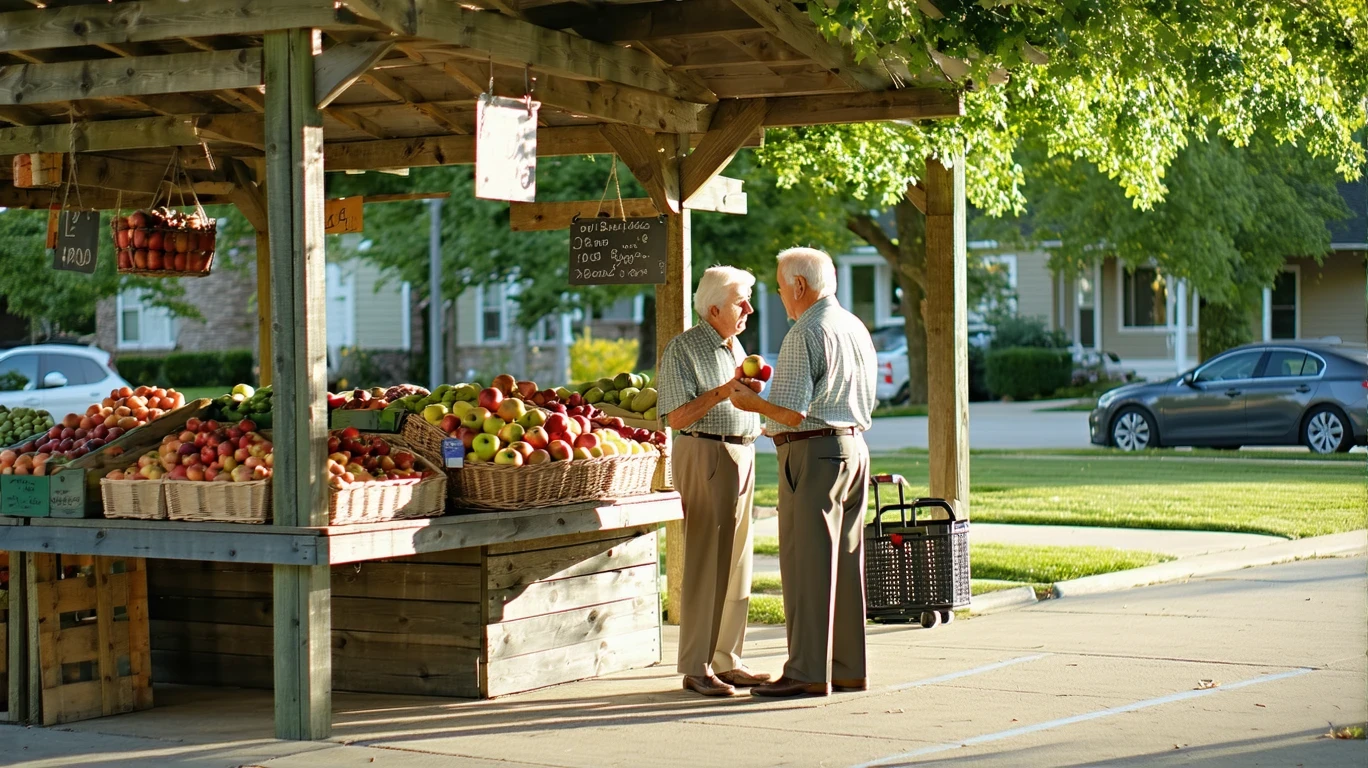 An older man and woman examine apples at an outdoor produce stand on a sunny day.