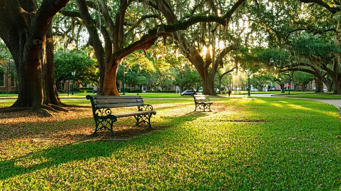 A tranquil park lawn shaded by oak trees, with empty benches and warm afternoon light.