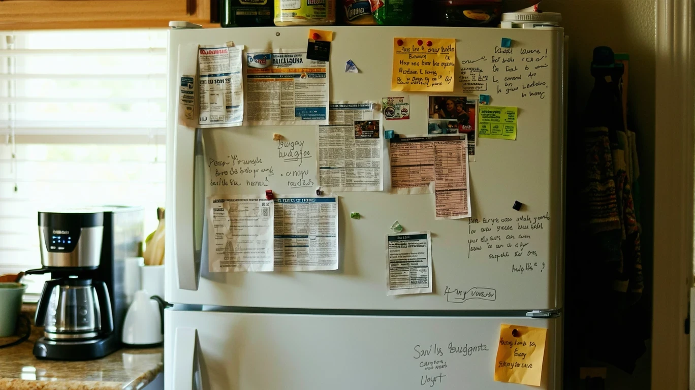 A refrigerator door covered in handwritten budget notes and coupons held by magnets.