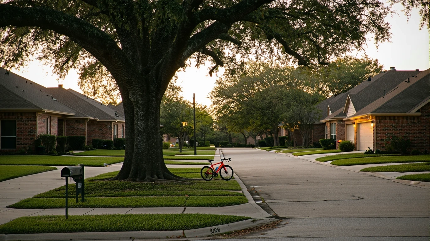 A peaceful suburban cul-de-sac in Dallas at dusk, with a child's bicycle lying near the curb and porch lights flickering on.