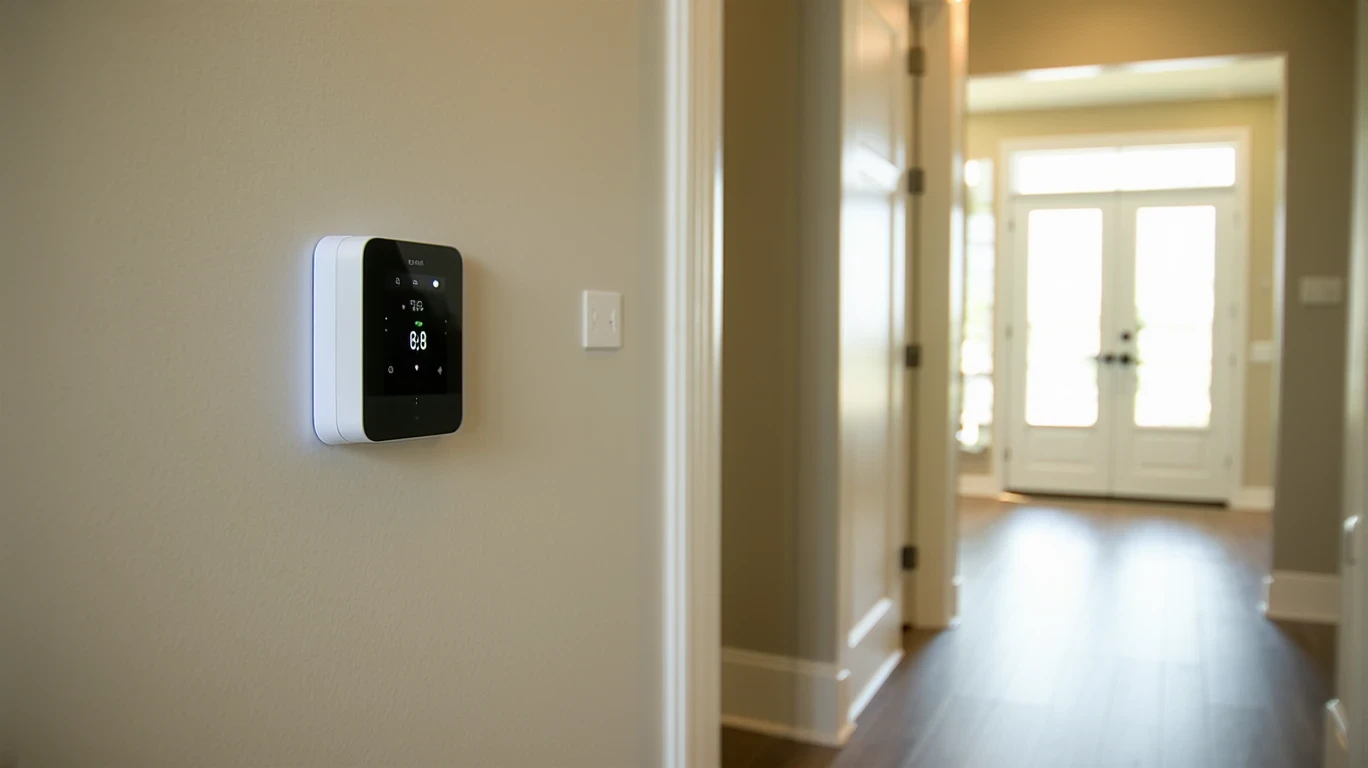 A home thermostat mounted on a hallway wall, glowing subtly in natural light.