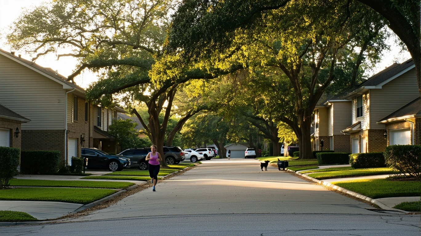 Suburban Dallas neighborhood street in morning light, with small single-story homes and a woman jogging with her dog on the sidewalk.