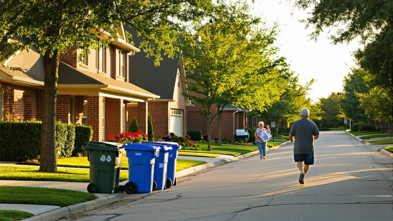 Residential street in Frisco with brick homes, manicured lawns, and a man jogging past recycling bins and trash cans at the curb.
