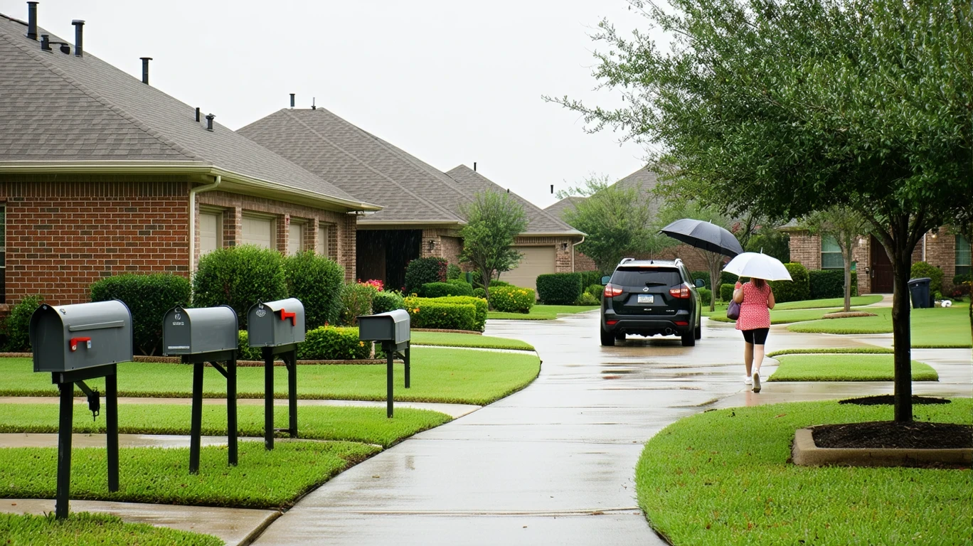 A woman with an umbrella walks on a sidewalk past a row of mailboxes in a neat Plano neighborhood with ranch-style homes and wet pavement.
