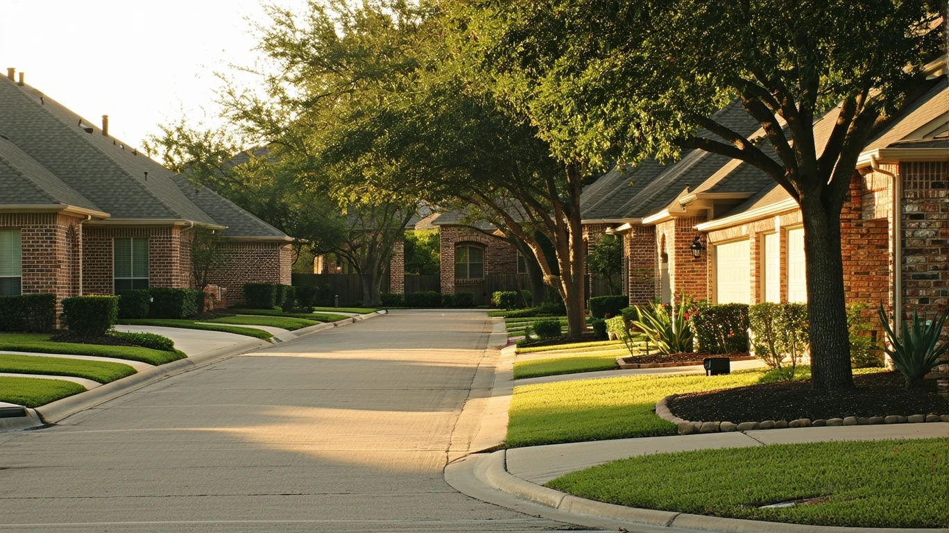 A tidy suburban cul-de-sac in Dallas, TX with brick homes and native landscaping in morning light.