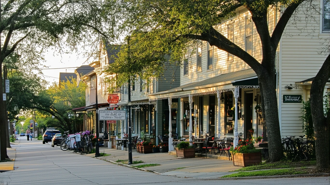 A strip of small local shops next to a residential street in Dallas at dusk, with trees and a person walking.