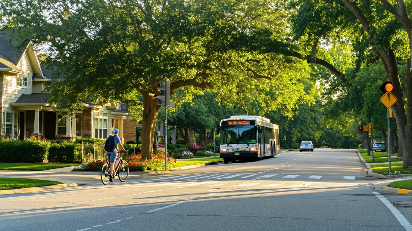 A DART bus approaches a crosswalk in a Dallas neighborhood as a cyclist waits to cross the street.