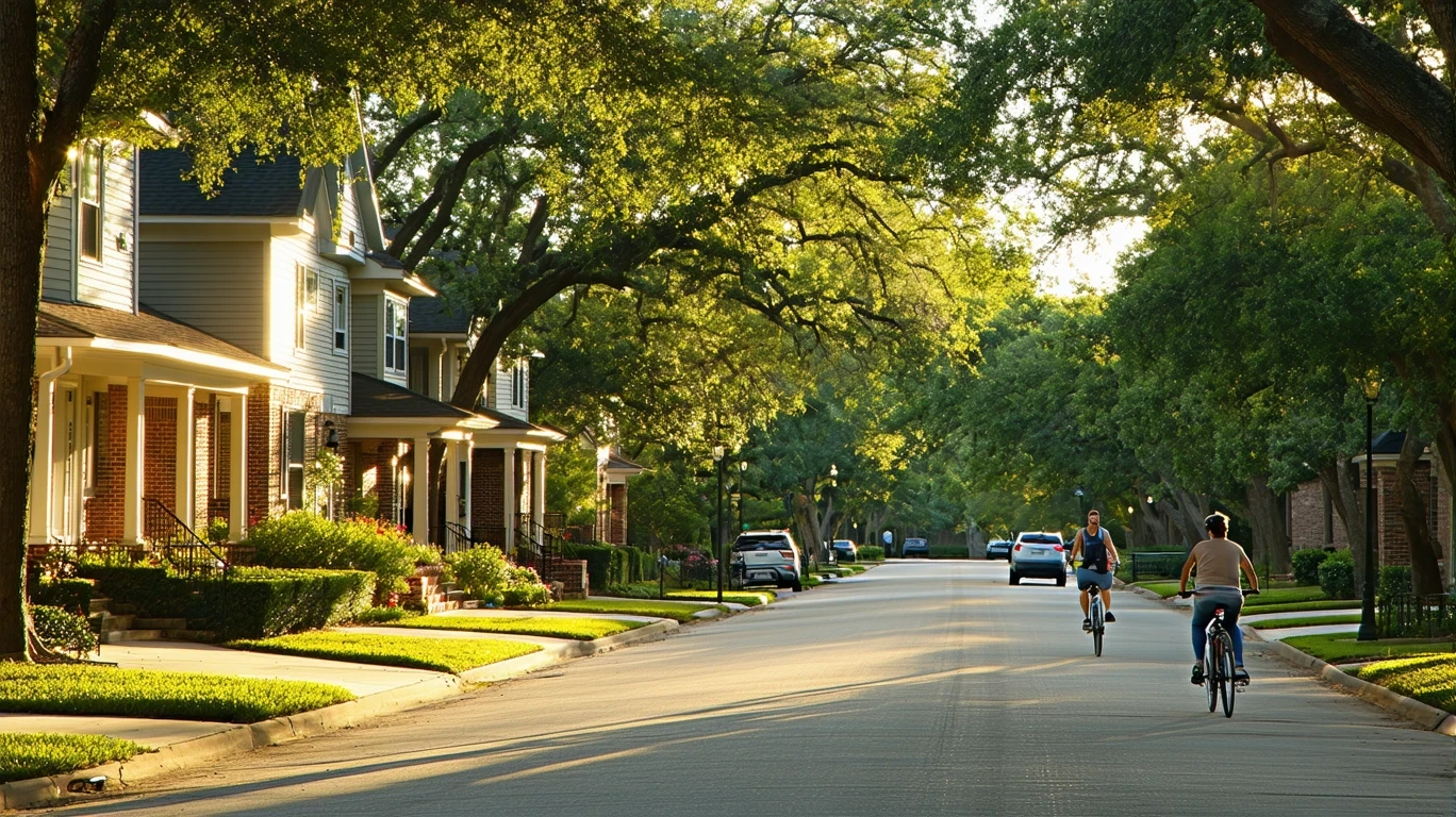 Tree-lined residential street in Dallas with people walking on the sidewalk.