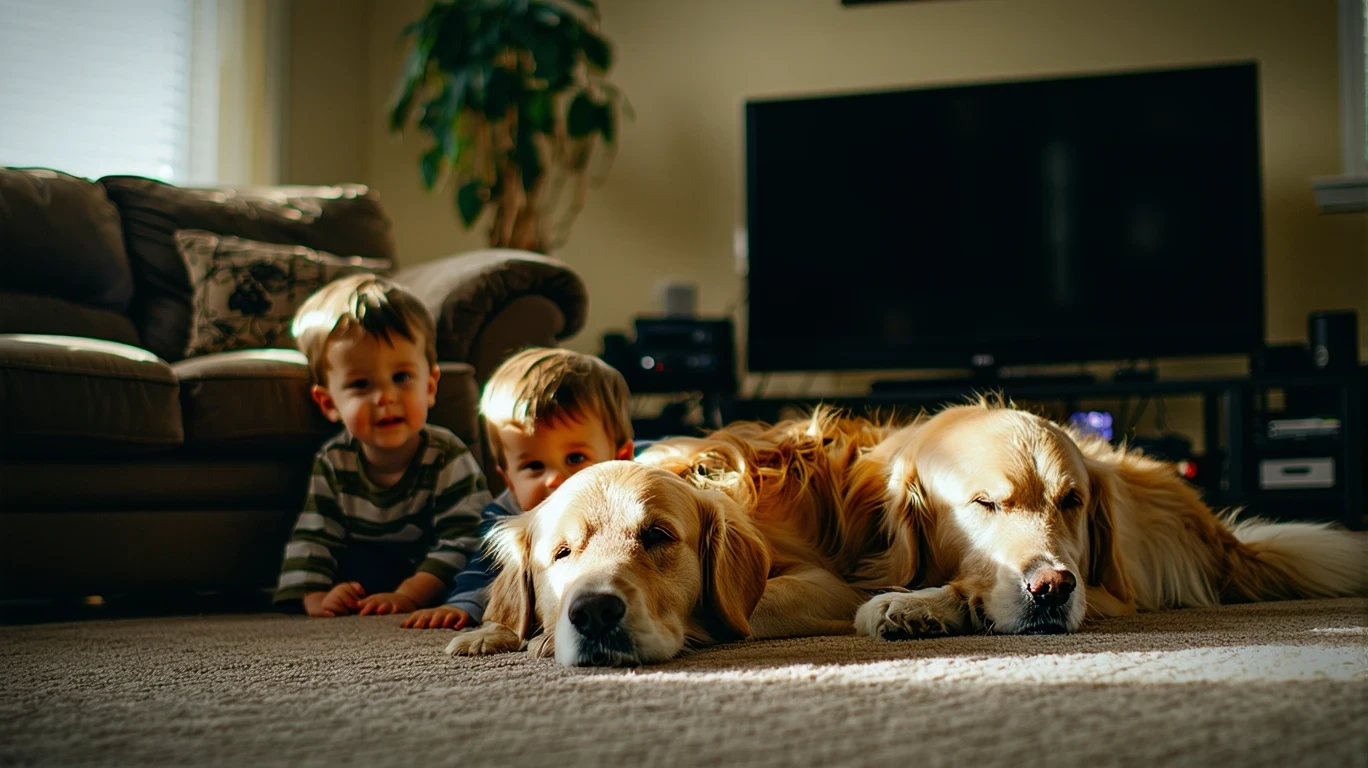 Two kids watching TV on living room floor with dog sleeping between them