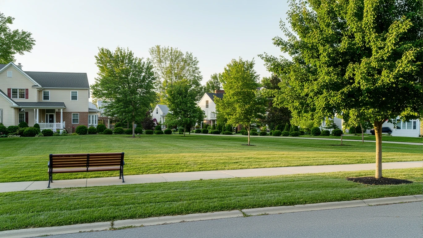 A view of a neighborhood park in Danville, Kentucky with hedges, a bench, and a path.