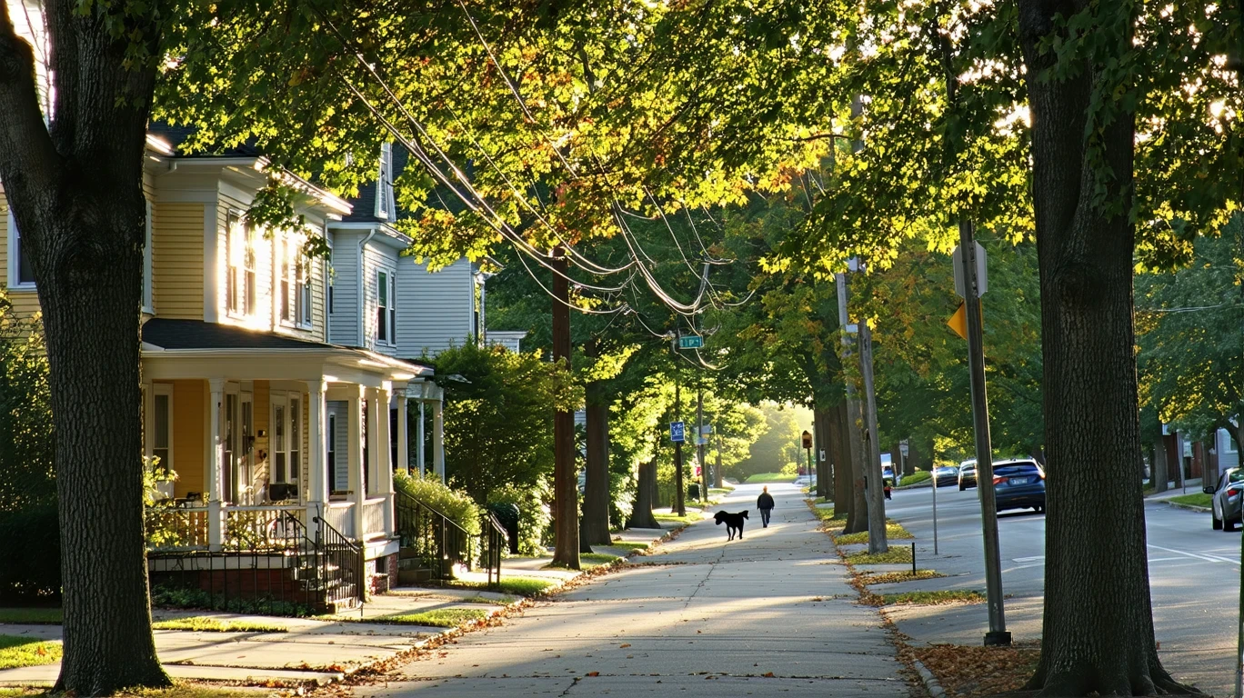 A tree-lined street in Danville, Kentucky with historic homes and a person walking a dog in the distance.