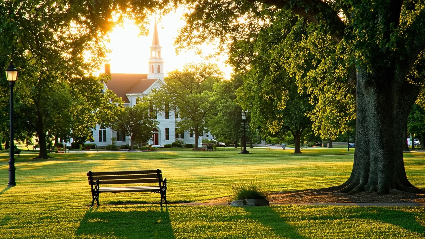 A peaceful park in Danville, Kentucky with green lawn, oak trees, benches, and golden evening light.